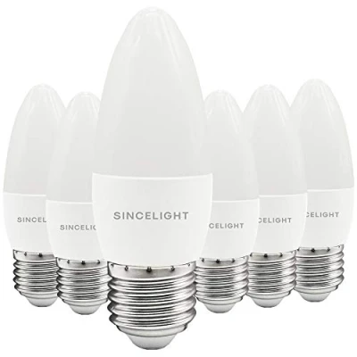Imagen de SINCELIGHT Bombillas LED Vela con Casquillo E27 (5 Vatios, 500 lúmenes, Blanco Cálido 2700 Kelvin, No Regulables, Forma B35 estándar) Paquete de 6