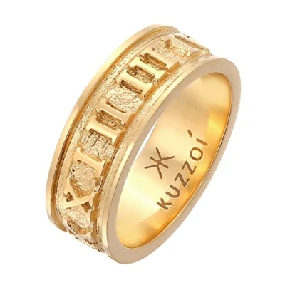 Imagen de Kuzzoi anillo para hombre dorado macizo (8 mm) en Plata de ley 925 chapada oro, accesorio joyería con números romanos, hombres talla 60 66, 0604211422,