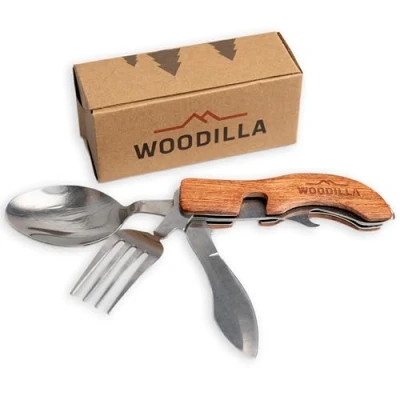 Imagen de cubiertos de camping para exterior Woodilla plegables, acero inoxidable y madera, cuchillo, tenedor, cuchara, abrebotellas, juego 4 piezas