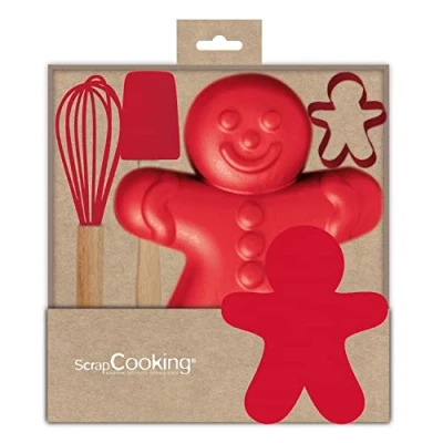 Imagen de ScrapCooking 1135 Juego de repostería con pan jengibre para niños, 4 utensilios: batidor, cuchara, molde y cortador, madera, silicona acero inoxidable
