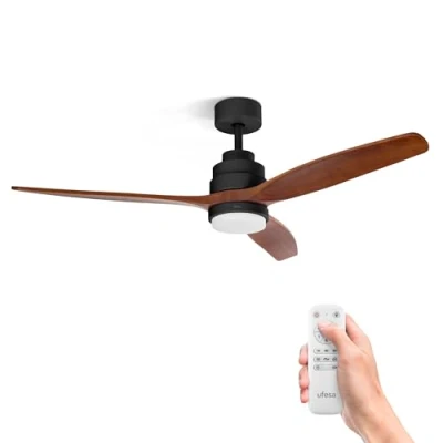 Imagen de Ufesa Ventilador de Techo con Luz CFNP, 40W,6 Velocidades,Ultra Silencioso,3 Aspas Madera Natural 132cm, Función Verano Invierno, Temporizador 8h, 3 Niveles Luz,Mando a Distancia,Negro Oscura