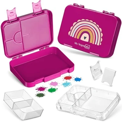 Imagen de My Vesperbox Len Bento Box Niños Fiambrera con 4 + 2 compartimentos Extremadamente resistente ideal para la guardería y escuela… (lila arco iris)