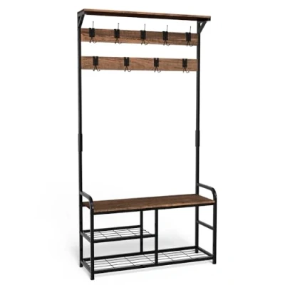 Imagen de VOUNOT Perchero de Pie con Zapatero, Entrada Recibidor Banco 3 Estantes 9 Ganchos, Colgador para Zapatos Ropas Madera Estilo Industrial 185x85x33cm