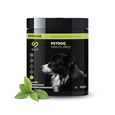 Imagen de Peticare Senior Vital Mix Polvo para Perros Mayores Alimento complementario Natural con mejillón de Labios Verdes, MSM, cúrcuma Promueve la vitalidad petDog Health 2603 (125 g)