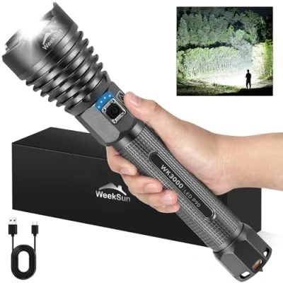 Imagen de WEEKSUN Linternas LED Alta Potencia Recargable, 150,000 Lumenes Linterna Potente, IP67 Impermeable 3 Modos PortáTil Linternas, Para Camping, Senderismo, Emergencias