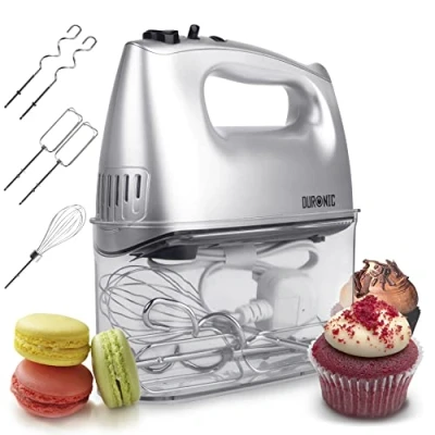 Imagen de Duronic HM4 SR Batidora de Varillas, Amasadora Repostería 400W, 5 Velocidades. 2 Varillas Batidoras, Ganchos, 1 Varilla Globo Acero Inoxidable Grado Alimenticio BPA Free Color Plata