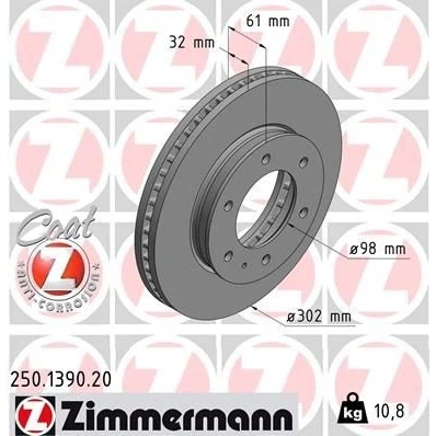 Imagen de ZIMMERMANN COAT Z 250.1390.20 Disco de freno 302 32 7/6 6 140 ventilación interna revestido FORD: Ranger Mk3