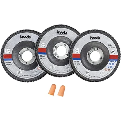 Imagen de kwb 712061 Discos de lija (3 unidades, 115 mm, en caja almacenamiento, incluye tapones para los oídos, tamaños grano K 40, 60, 80, amoladora angular ABM) x 22,23