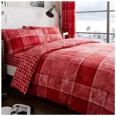 Imagen de GC GAVENO CAVAILIA Denim Check Lujoso Juego de Cuadros Mezclilla edredón y Funda Almohada, poliéster algodón, Gris, Individual, polialgodón, Rojo, Sencillo, Single (135 x 200cm)