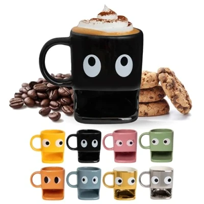 Imagen de Fisura Taza original para regalar “ojos. con soporte galletas negra. de cerámica hueco galletas. 240 ml.