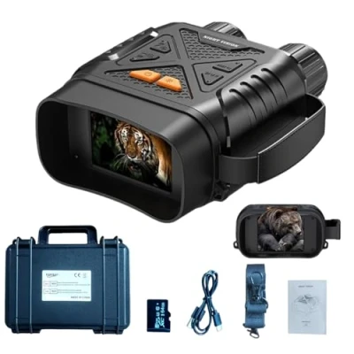Imagen de EMEBAY Prismáticos de visión nocturna 1080P con tarjeta TF 64GB + caja rígida, zoom digital 10X, alcance visual 800M, pantalla IPS HD 2.8&quot;, batería recargable, gafas digitales