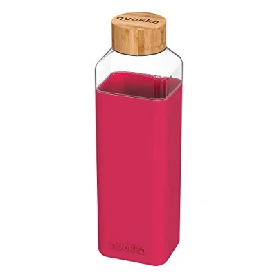 Imagen de Quokka Storm Maroon 700 ML Botella De Agua Cuadrada Cristal Sin BPA Reutilizable Vidrio Borosilicato Con Funda Silicona Y Tapón Bambú