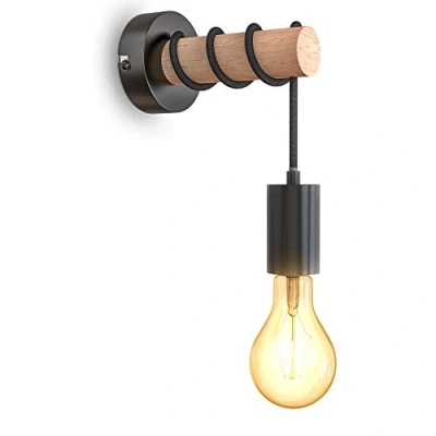 Imagen de B.K.Licht I wall Lamp 1 flame vintage Industrial Design Retro Steel Wood Round E27 sin bombilla