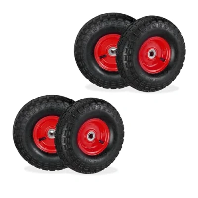 Imagen de Relaxdays 4 Ruedas de Carro, 4.10/3.50 4, Neumáticas, Eje 16 mm, 136 kg, Llantas Acero, 260 x 85 Negro y Rojo, Caucho
