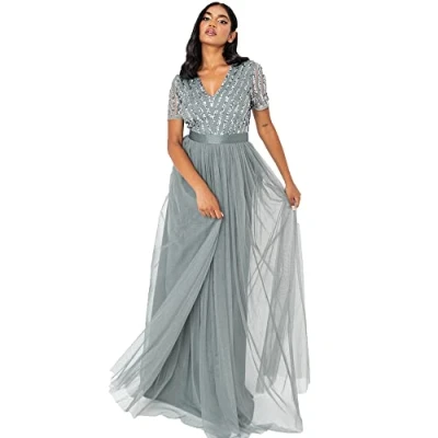 Imagen de Maya Deluxe Vestido Mujer, Dama de Honor, Cuello En V, Manga Corta, Largo, Elegante, Cintura Imperio, Verde Neblina, 50