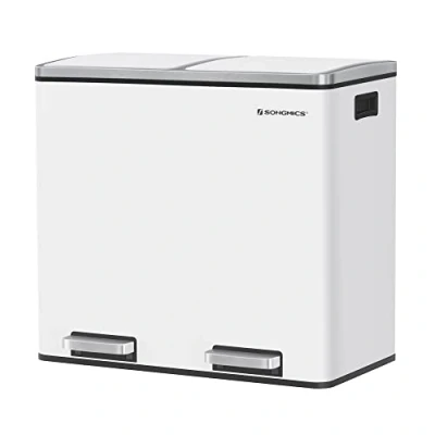 Imagen de SONGMICS Basurero Reciclaje, Cubo de Basura para Cocina con 2 cubetas, x 24L, Tapa Mecanismo, Pedales, Acero, Cubos Interiores Plástico y Asas Transporte, Blanco LTB48WT