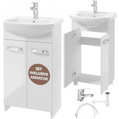 Imagen de Deftrans Domodomo armario de baño con lavabo, 85 x 50 40 cm, cerámica blanco, juego pie para pequeño (juego blanco 45 cm pila lavabo + sifón)