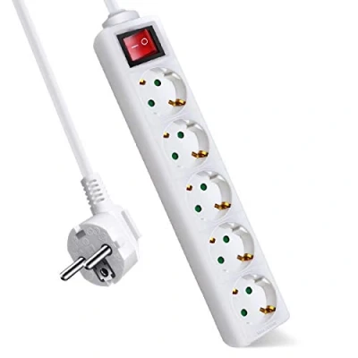 Imagen de EXTRASTAR Regleta Alargador con 5 Enchufes e Interruptor, Cable 5M, para el hogar, Oficina y Viajes, 16A, 250V, 3680W, Blanco