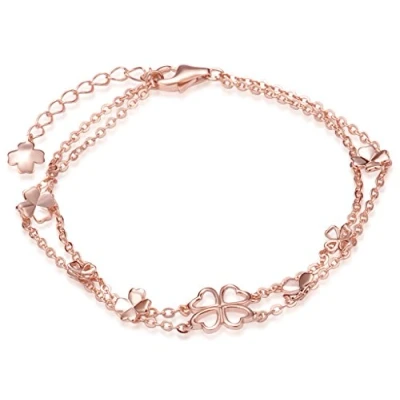 Imagen de Pulsera Mujer, Yumilok Elegante Trebol de Cuatro Hojas Plata, Doble Cadena Oro Rosa Ajustable Tamaño