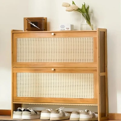 Imagen de YSPZDQ Mueble Zapatero Estrecho Ratan/Bambu, Zapateros Estrechos y Altos, de Bambú 2, 3 Niveles, Madera Cerrado para Entrada, Recibidor, Dormitorio, Independiente(70x17x87cm)