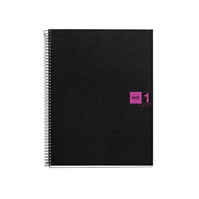 Imagen de Miquelrius Cuaderno Notebook The Original, Tamaño A5, 80 Hojas de 70 g/m² y 1 Franja Color, Rayado Cuadrícula 5 mm, 2 Taladros, Cubierta Polipropileno, Color Negro/Fucsia