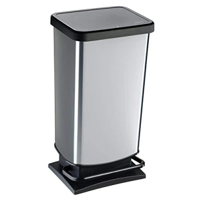 Imagen de Rotho Paso, Cubo de basura 40l con pedal y tapa, Plástico PP sin BPA, plata metálica, 35.3 x 29.5 67.6 cm