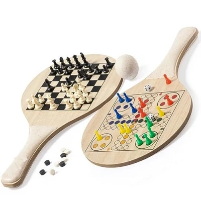 Imagen de juego de 2 raquetas sostenibles con ajedrez y molino pelota en bolsa algodón, deporte, diversión, verano, playa