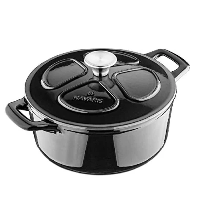 Imagen de Navaris Cazuela de Hierro Fundido con Tapa Cacerola Cocotte y Asas 3,5 L Apta para Horno e Induccion Olla Holandesa Redonda Dutch Oven 24 cm