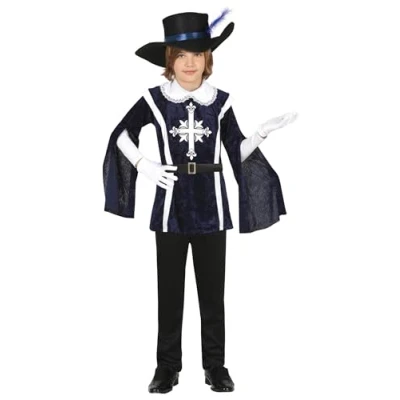 Imagen de FIESTAS GUIRCA Disfraz de Mosquetero Niño Atuendo Infantil Caballero Azul y Blanco con Sombrero para Niños 7 9 Años