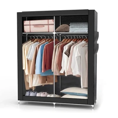 Imagen de INTIRILIFE Armario Plegable 108x170x45 cm en RABEN Schwarz de Tela con Cremallera y Barra Colgar, Bolsillo Lateral Compartimentos Estante enchufable, Marco Metal