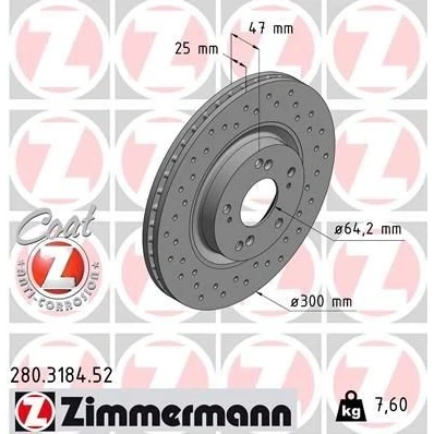 Imagen de ZIMMERMANN 280.3184.52 Disco de freno 300 25 9/5 5 114 ventilación interna, perforado revestido HONDA: CIVIC 8 Hatchback, CR V 2,