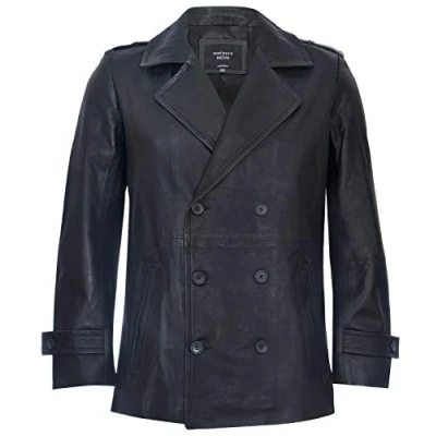 Imagen de Infinity Leather Chaqueta de Cuero con Chaquetón para Hombre Negro Dr Who German Naval 2XL