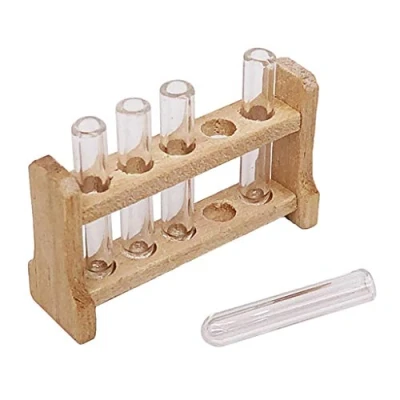 Imagen de Juego de 5 tubos ensayo vidrio laboratorio con estante madera, para casa muñecas miniatura 1:12, accesorio decoración