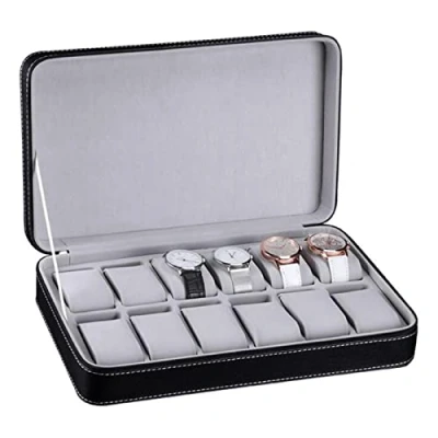 Imagen de Guolich Caja de Almacenamiento Reloj Soporte Exhibición Cuero PU Organizador Colección Joyas con Cremallera (12 Ranuras)