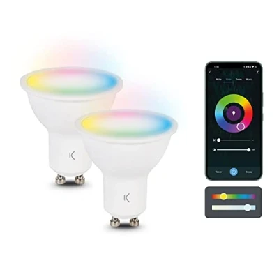 Imagen de KSIX Pack 2 Bombillas LED Wifi Inteligentes GU10 Multicolor Luces Cálidas/Frías RGB CCT. Lámpara Regulable. 5,5W, 3000 6500K. Compatibles con Alexa y Google Home. App propia