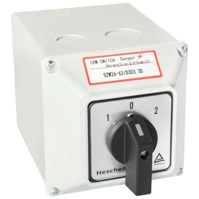 Imagen de Heschen interruptor de cambio selector leva giratorio universal, SZW26 63/D303.3D, 660V 63A, ON OFF 3 posiciones, fases 12 terminales, con caja exterior maestro