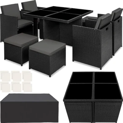 Imagen de TecTake® Conjunto Jardín Exterior de Ratán y Aluminio, Muebles Resistentes a la Intemperie, para hasta 8 Personas, con 2 Juegos Fundas Funda Protectora Negro