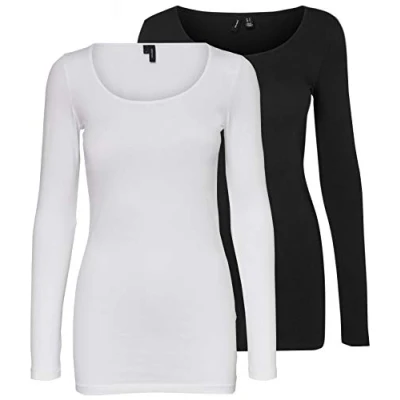 Imagen de VERO MODA Camiseta de manga larga para mujer (2 unidades), Blanco/Negro (1x Bright White/ 1x Black), S