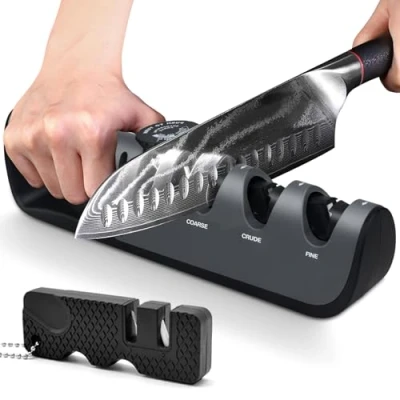 Imagen de BOCHION Afilador de Cuchillos, Cuchillos Manual 4 en 1, Profesional con Perilla Ángulo Ajustable para Afilar Todos los Cocina, Negro