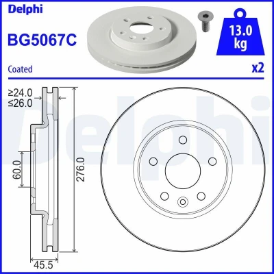 Imagen de DELPHI BG5067C Disco de freno 276 26 5 ventilado revestido sin procesar cojinete rueda, anillo sensor ABS OPEL: Astra K Sports Tourer