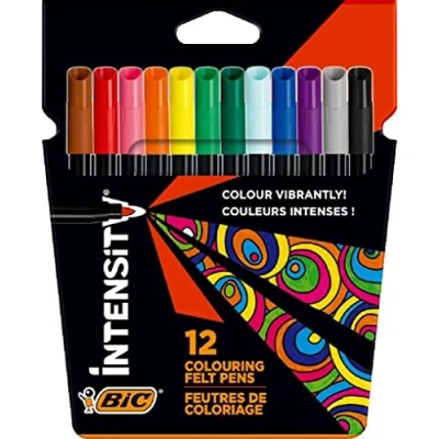 Imagen de BIC Intensity, Rotulador de Tinta Lavable Larga Duración, Punta Fina resistente (0.9 mm), Colores Surtidos, Paquete 12 uds