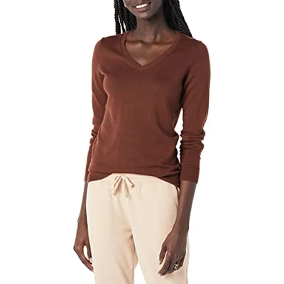Imagen de Amazon Essentials Jersey de Cuello en V, Manga Larga, Ligero y Ajuste Clásico (Disponible Tallas Grandes) Mujer, Marrón Tofe, L