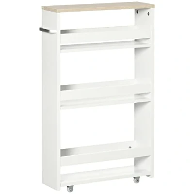 Imagen de kleankin Estantería de Almacenamiento Baño 3 Niveles Estrecha con Asa Lateral Estante Ruedas para Cocina Salón Estilo Moderno 48x15x80 cm Blanco