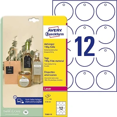 Imagen de Avery España T3004 10 colgantes imprimibles doble cara de plástico 190µ, bordes lisos, redondo 60mm, caja 120 incluye el hilo para colgarlos, impresora láser