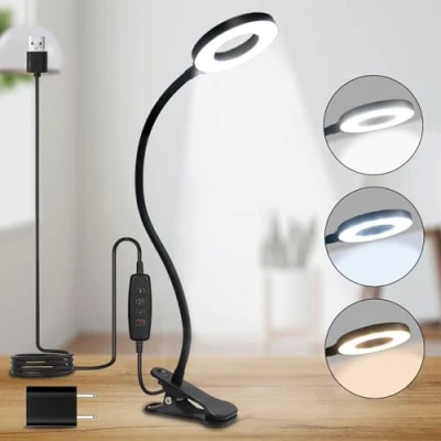 Imagen de LQWELL® Lampara Escritorio Pinza LED, Luz De Lectura Con Clip, 3 Temperaturas Color, 10 Niveles Brillo Y AtenuaciÓN Continua, Flexible 360 Para Oficina En Casa (Longitud Del Cuello 70 Cm)