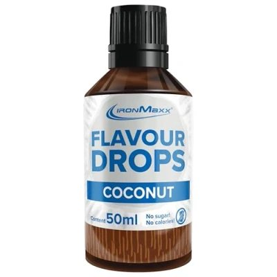 Imagen de IronMaxx Flavour Drops Coco 50ml sin calorías y azúcar gotas saborizantes veganas para endulzar alimentos práctico tapón cuentagotas