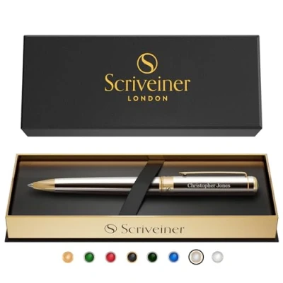 Imagen de Scriveiner pluma personalizada Cromada Plateada: de lujo con acabado en oro 24K, recarga tinta Schmidt, set regalo grabado ideal para hombres y mujeres, personalizado
