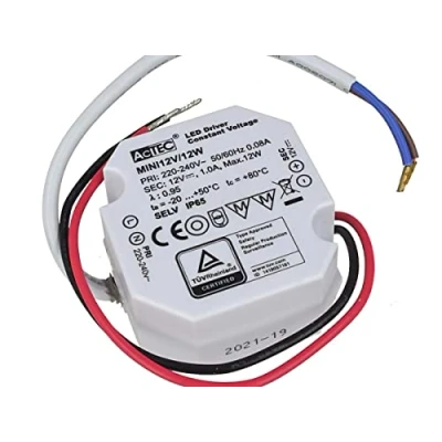 Imagen de Mini fuente de alimentación 12 V, transformador pequeño LED impermeable IP67, W 1 A, para tira LED, Slim solo 49 x 47 24 mm