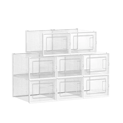 Imagen de SONGMICS Cajas de Zapatos Plástico, Juego 8 Organizadores Almacenamiento, Caja Zapatero Plástico Plegable y Apilable para Zapatillas hasta talla 46, Transparente Blanco LSP08MWT