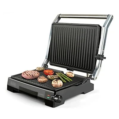 Imagen de BLACK+DECKER BXGR2200E Grill y plancha de asar, 2200W, tapa basculante con 6 posiciones apertura 180º, placa 29 x 23 cm revestimiento antiadherente, libres PFOA, Acero Inoxidable